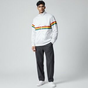 Vintage Polaroid Classic Mens Factory Jacket Rainbow Stripe Full Zip Size Medium